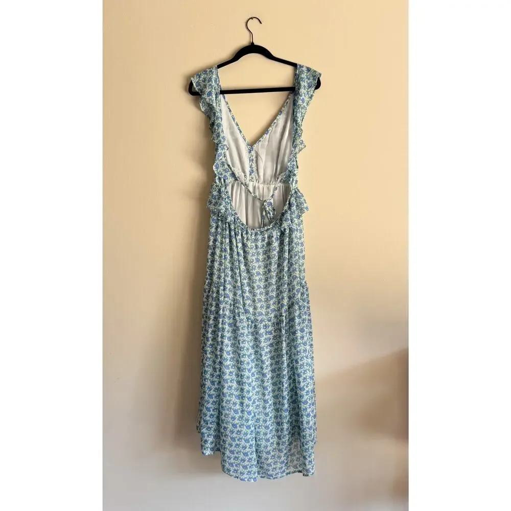 Lush Blue + White Floral Print V Neck Ruffle Tiered Open Back Maxi Dress XL